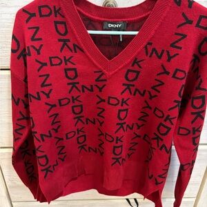 DKNY Bold Red V-Neck Sweater with Black Lettering